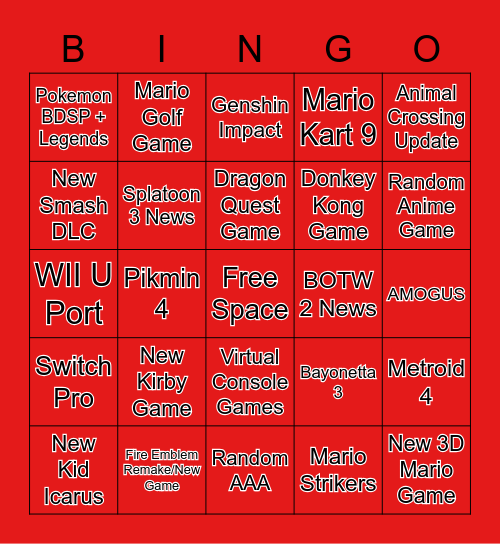 Nintendo Direct Bingo Card