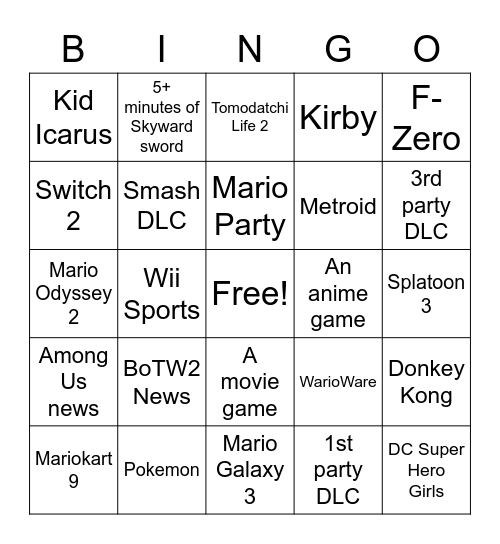 Nintendo E3 2021 Bingo Card Bingo Card
