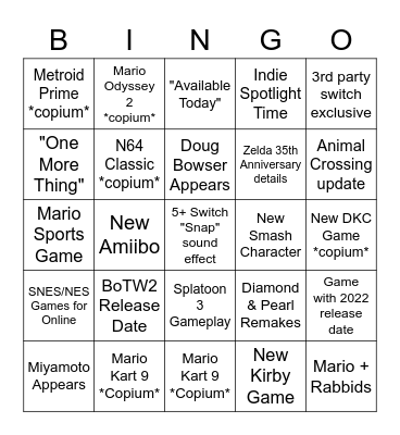 Nintendo E3 Bingo Card