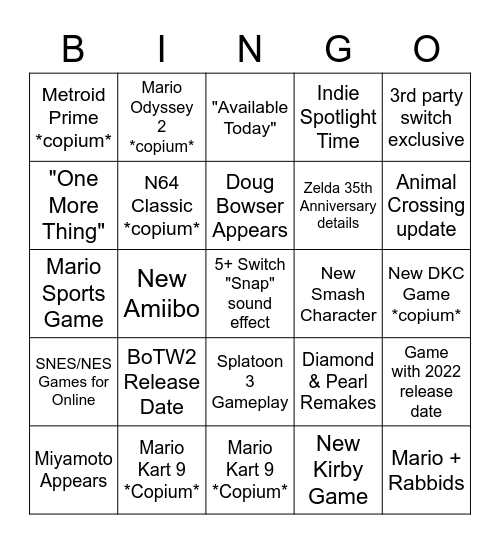 Nintendo E3 Bingo Card