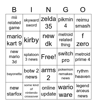 Nintendo e3 bingo Card