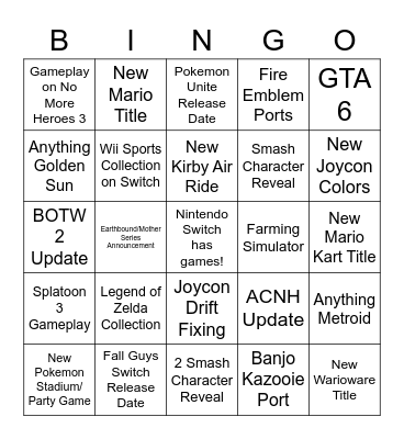 Nintendo e3 2021 Bingo Board Bingo Card