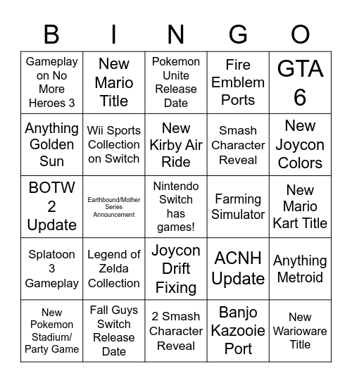 Nintendo e3 2021 Bingo Board Bingo Card