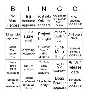 Nintendo E3 2021 Bingo Card