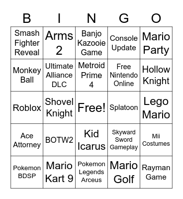 Nintendo E3 Direct Bingo Card