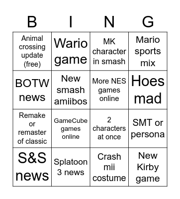 Nintendo E3 Bingo Card