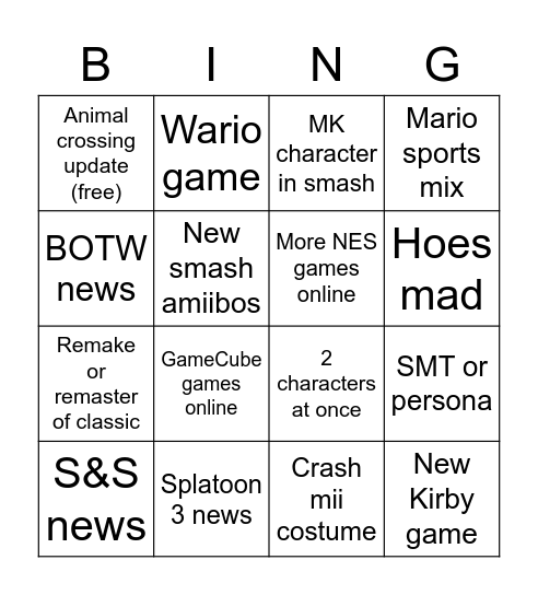 Nintendo E3 Bingo Card