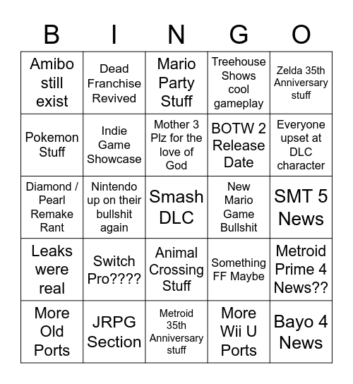 Nintendo Direct Bingo Card