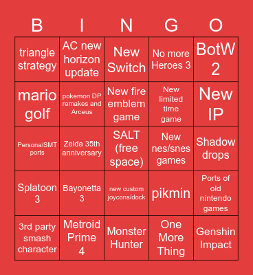 Nintendo Direct Bingo Card