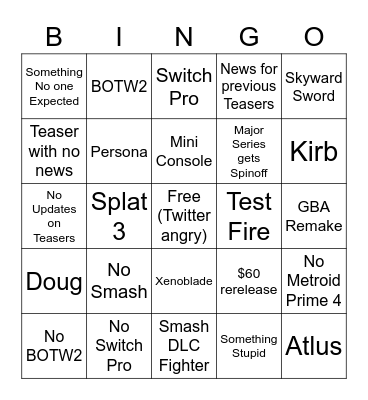 Nintendo E3 Bingo Card