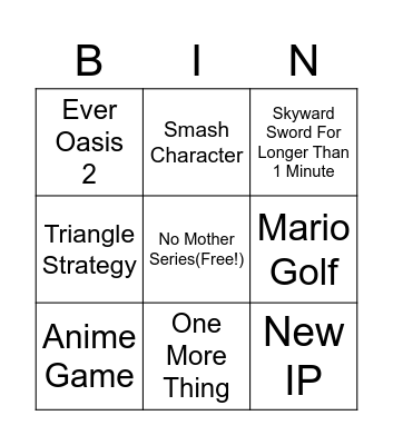 Nintendo E3 2021 BIN Bingo Card