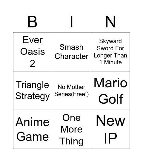 Nintendo E3 2021 BIN Bingo Card