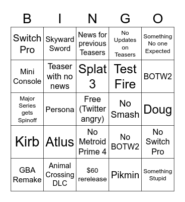 Nintendo E3 Bingo Card