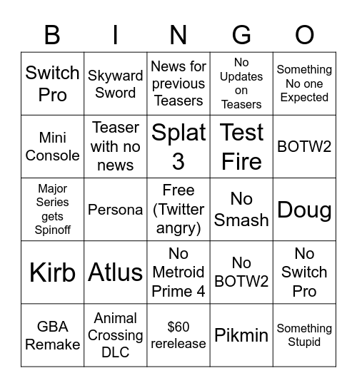 Nintendo E3 Bingo Card