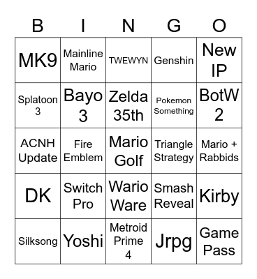 Nintendo E3 2021 Bingo Card