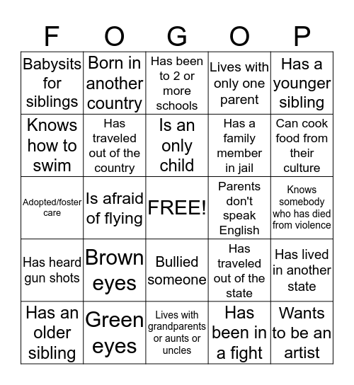 Getting to know YOU and Me! Bingo Card