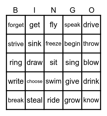 Irregular Verbs Bingo Card