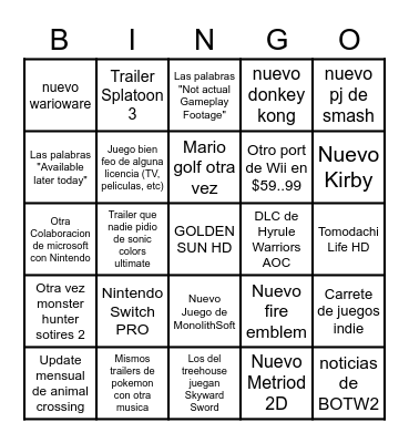 Nintendo E3 Bingo Card