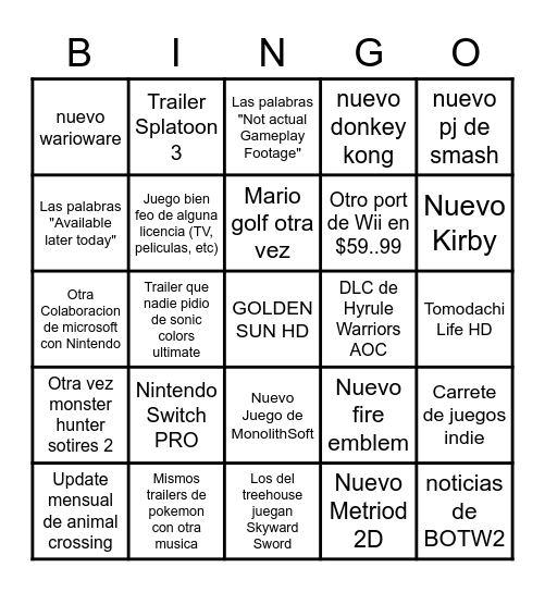 Nintendo E3 Bingo Card