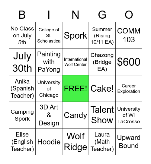 TRIO Summer 2021 Bingo Card