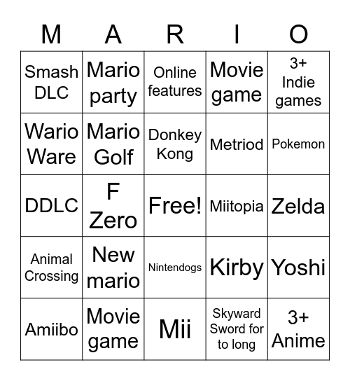 Nintendo E3 Bingo Card