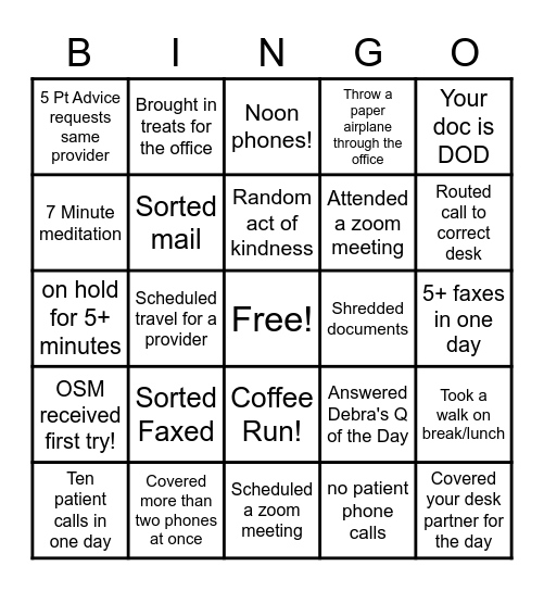 Pulmonary Office Bingo Card