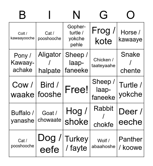 Animals / Naak-feshahke Bingo Card