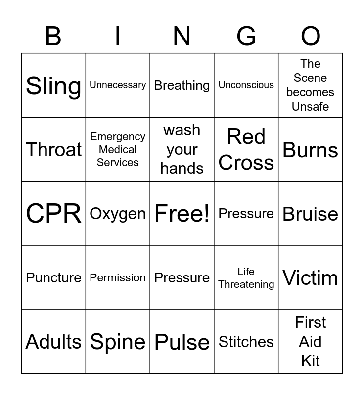 First Aid Bingo Card