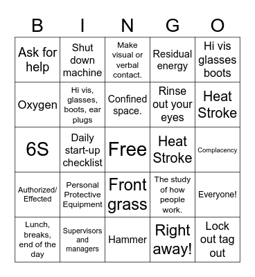 Safety Week BINGO Card