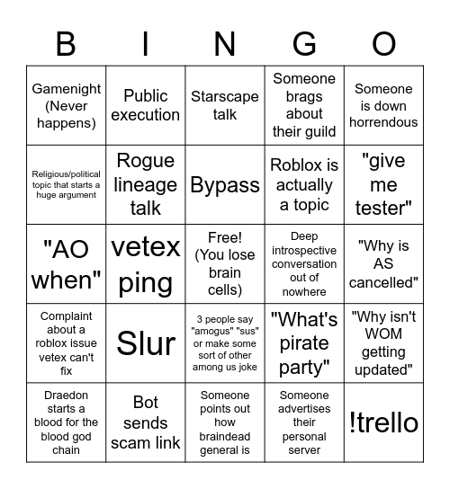 vetcord general chat bingo Card