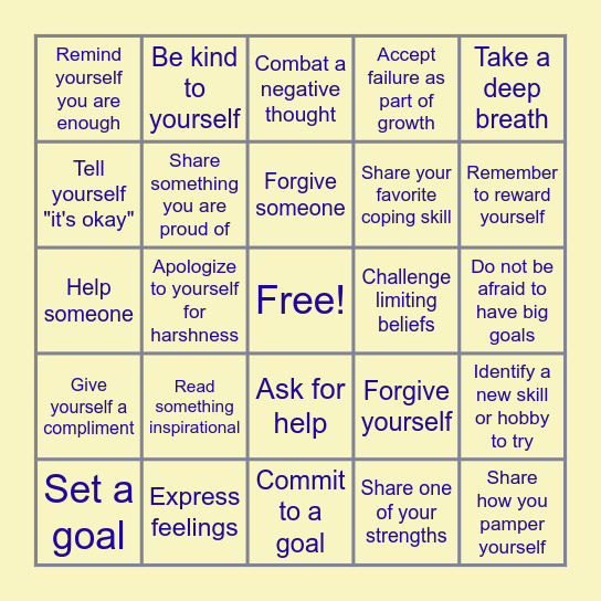 Self Compassion Bingo Card