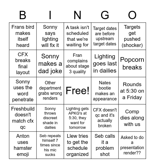 Lighting Bingo Card