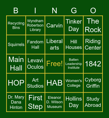 Hollins Bingo Card