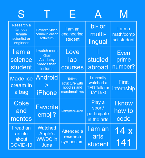 Student STEAM Bingo Card