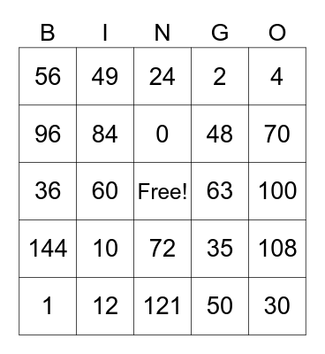 Multiplication Fact Bingo Card