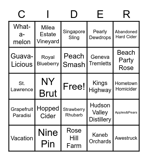 Cider Bros Roadhouse Bingo Card