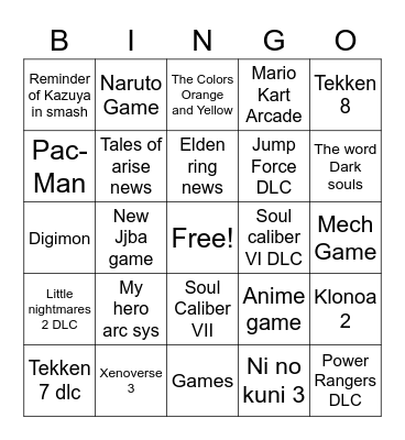 Bandai namco e3 Bingo Card
