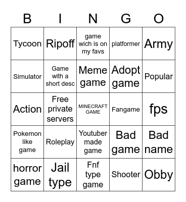 Roblox game bingo Card
