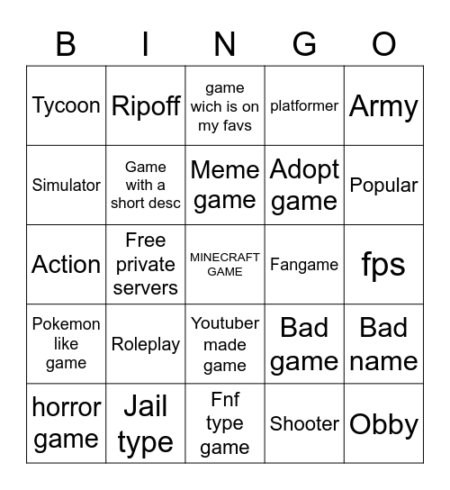 Roblox game bingo Card