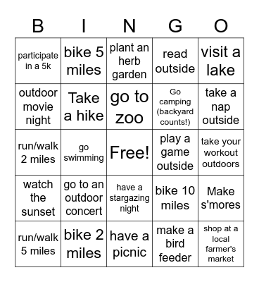 Summer 2021 Wellness Activity Bingo Card