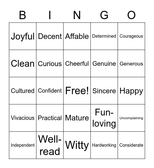 Positive Character Traits Bingo Card