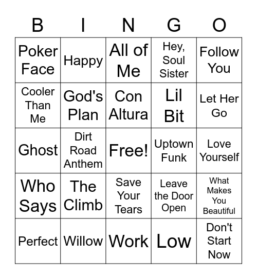 21st Century Songs Bingo Card