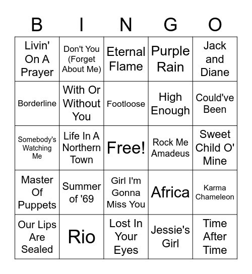 1980s Music Bingo Card
