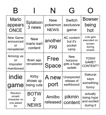 Nintendo E3 Bingo Card