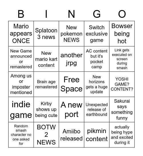 Nintendo E3 Bingo Card