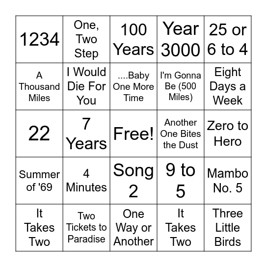 NUMBERS Bingo Card