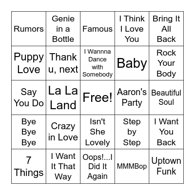 Kid Singers Now & Then Bingo Card