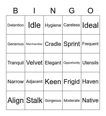 Summer 2021 4-5th Grade Vocab #1 Bingo Card