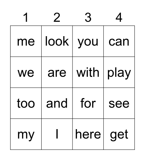 Sight Words Bingo Card