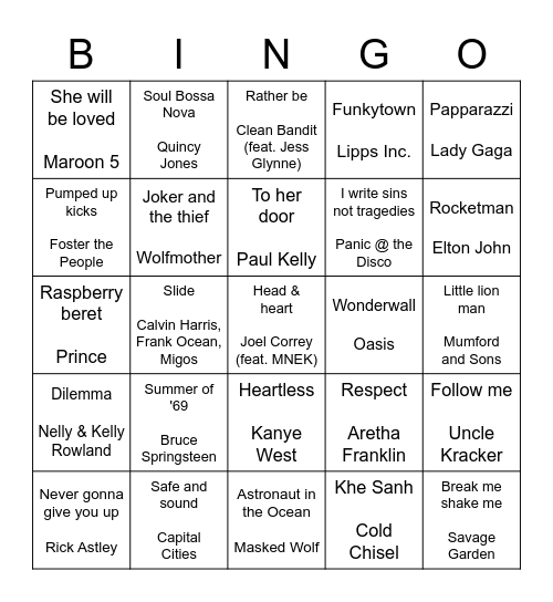 Musical Bingo Round #2 Bingo Card